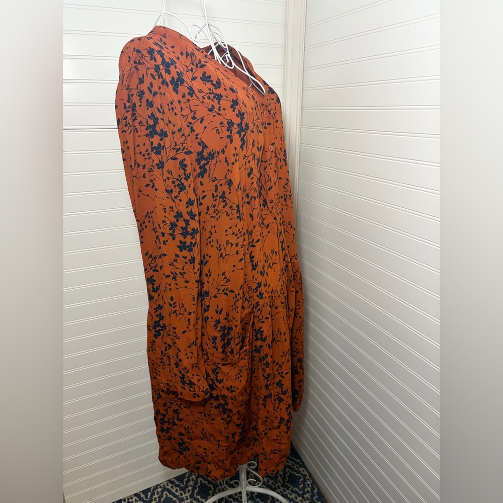 Garnet Hill Orange Long Sleeve Floral Button-Front Dress with Navy Print